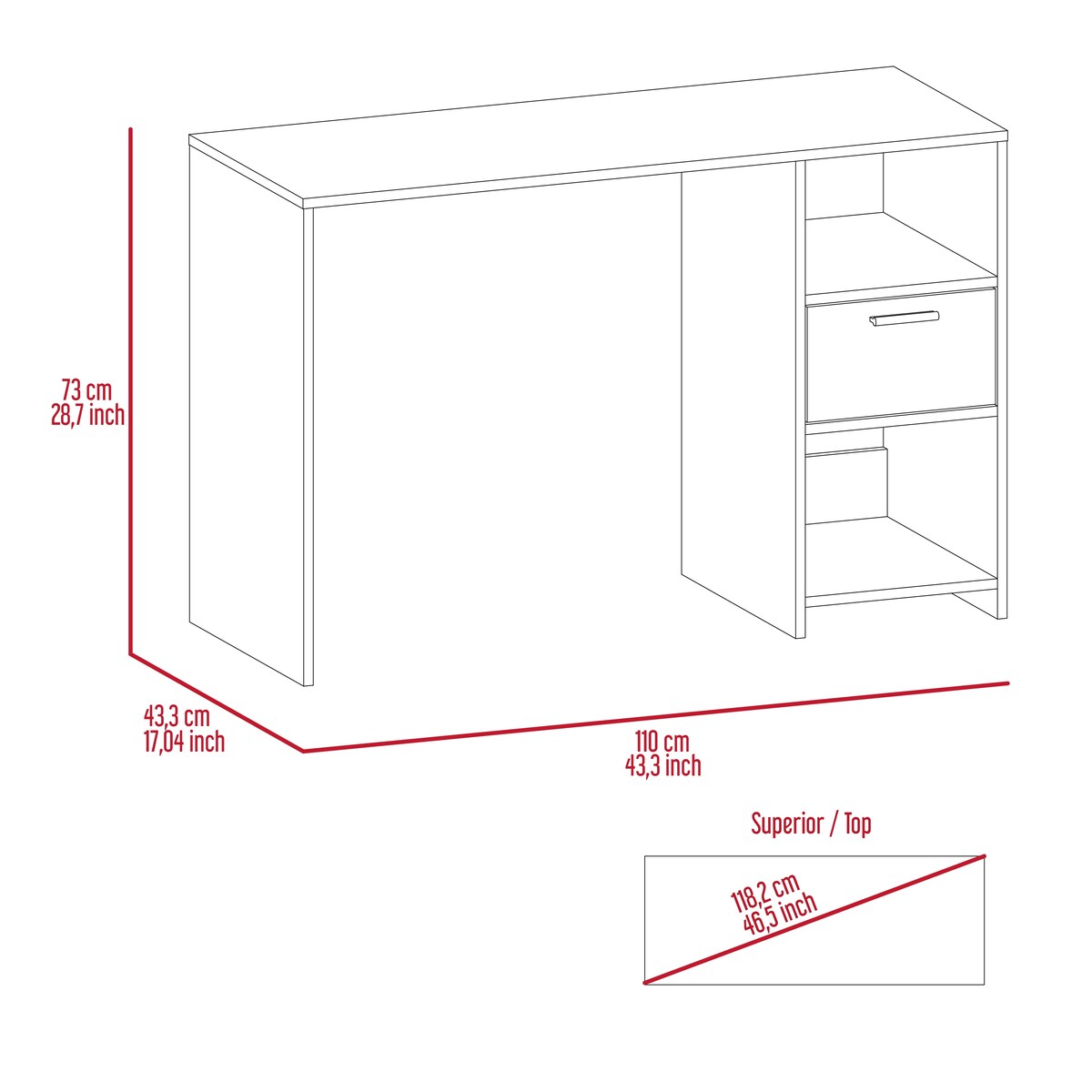 Computer Desk,Writing Desk, One Drawer, Two Shelves