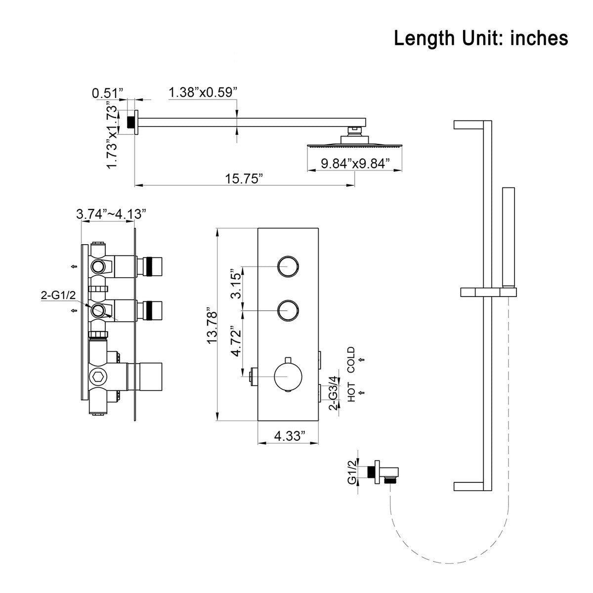 12" Wall Mounted Rain Shower Head Systems