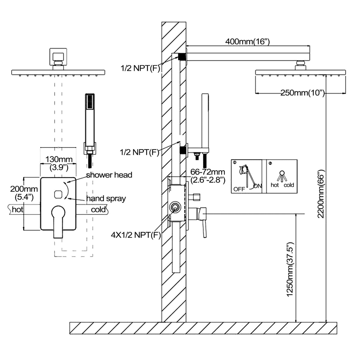 Concealed Square Two-Function Two-Handle Bathroom Shower Set Shower System with Rough-In Valve