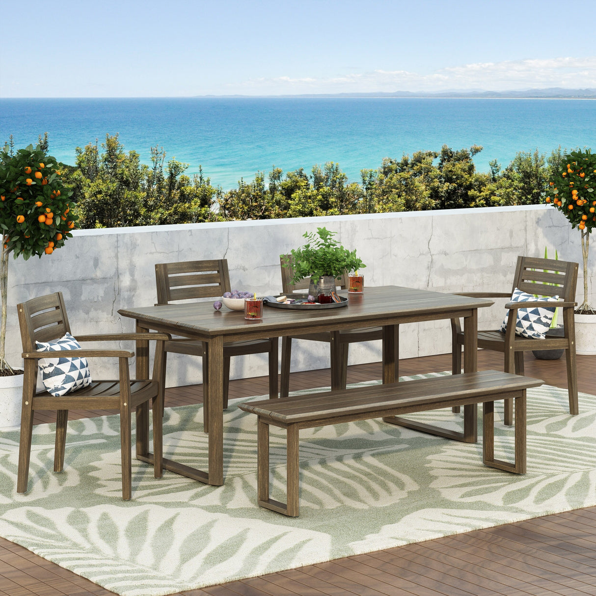 Conifer Outdoor Acacia Wood Outdoor 6 Piece Dining Set with Bench by Christopher Knight Home