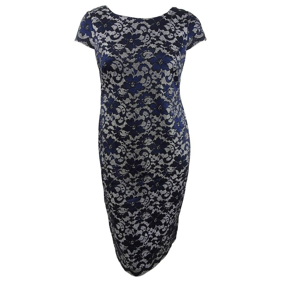 Connected Women's Embroidered-Glitter Dress (10, Navy)