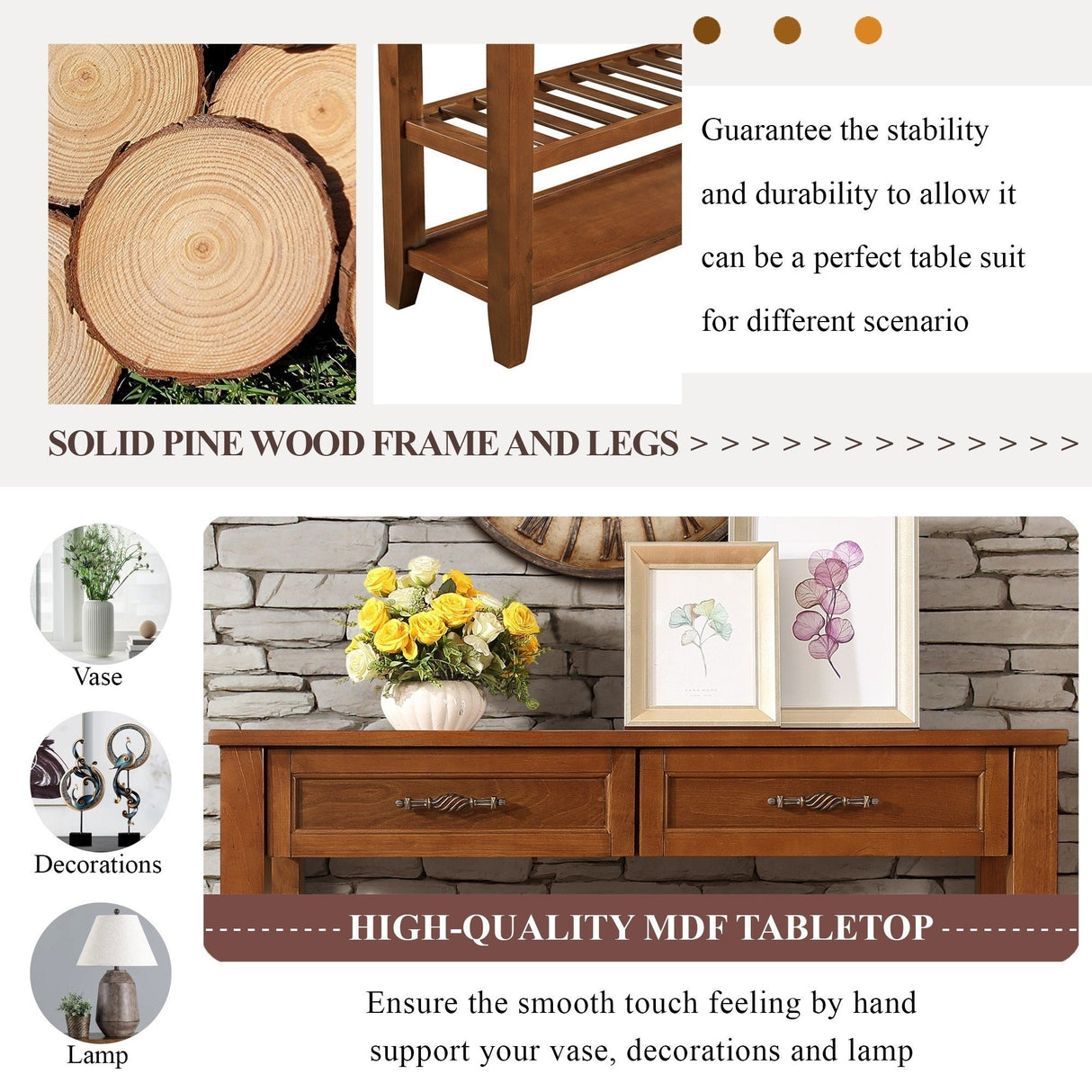 Console Sofa Table with 2 Storage Drawers and 2 Tiers Shelves,Mid-Century Style 42''Solid Wood Buffet Sideboard for Living Room