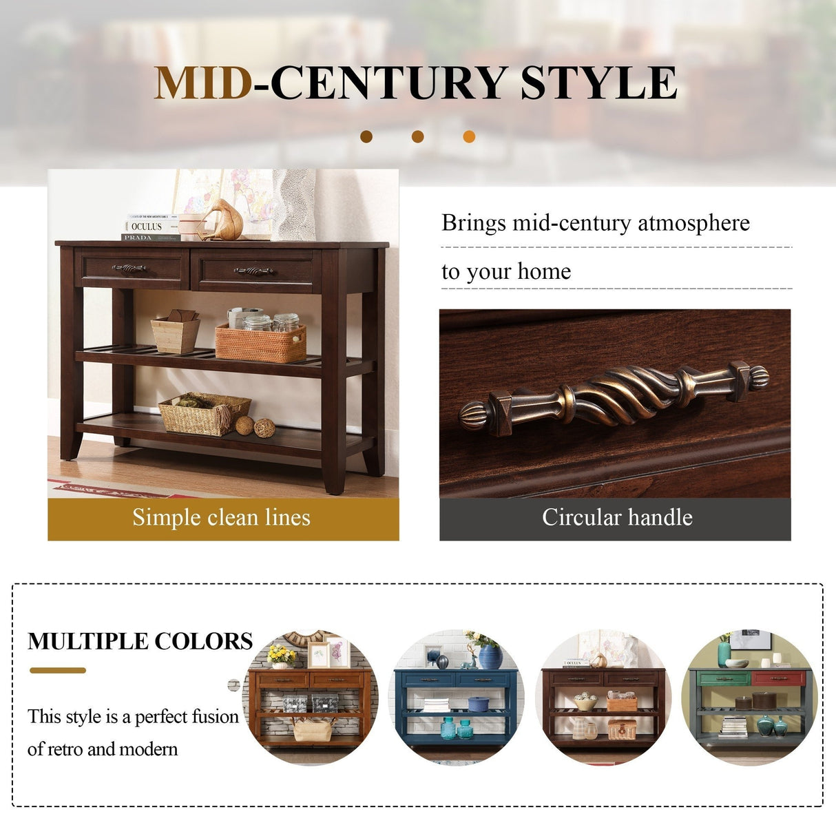 Console Sofa Table with 2 Storage Drawers and 2 Tiers Shelves,Mid-Century Style 42''Solid Wood Buffet Sideboard for Living Room