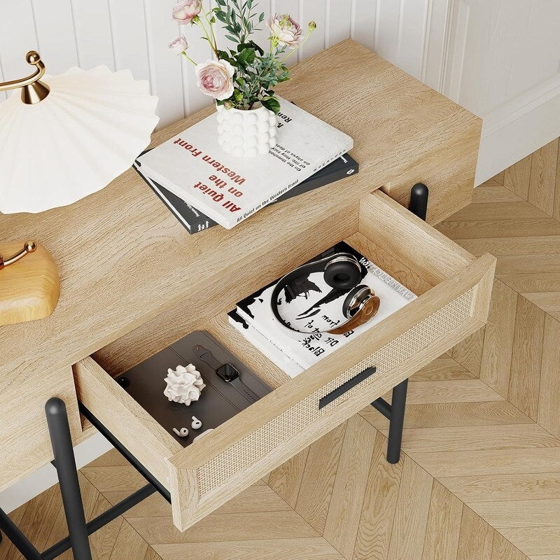 Console Table, Sofa Tables Rattan Entryway Table with Storage Drawer