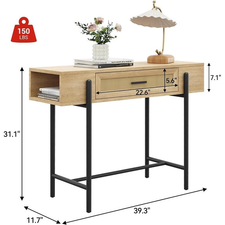 Console Table, Sofa Tables Rattan Entryway Table with Storage Drawer