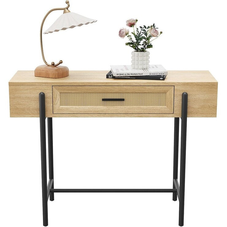 Console Table, Sofa Tables Rattan Entryway Table with Storage Drawer