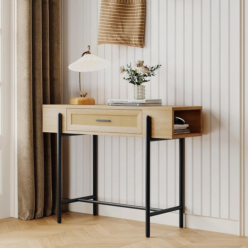 Console Table, Sofa Tables Rattan Entryway Table with Storage Drawer