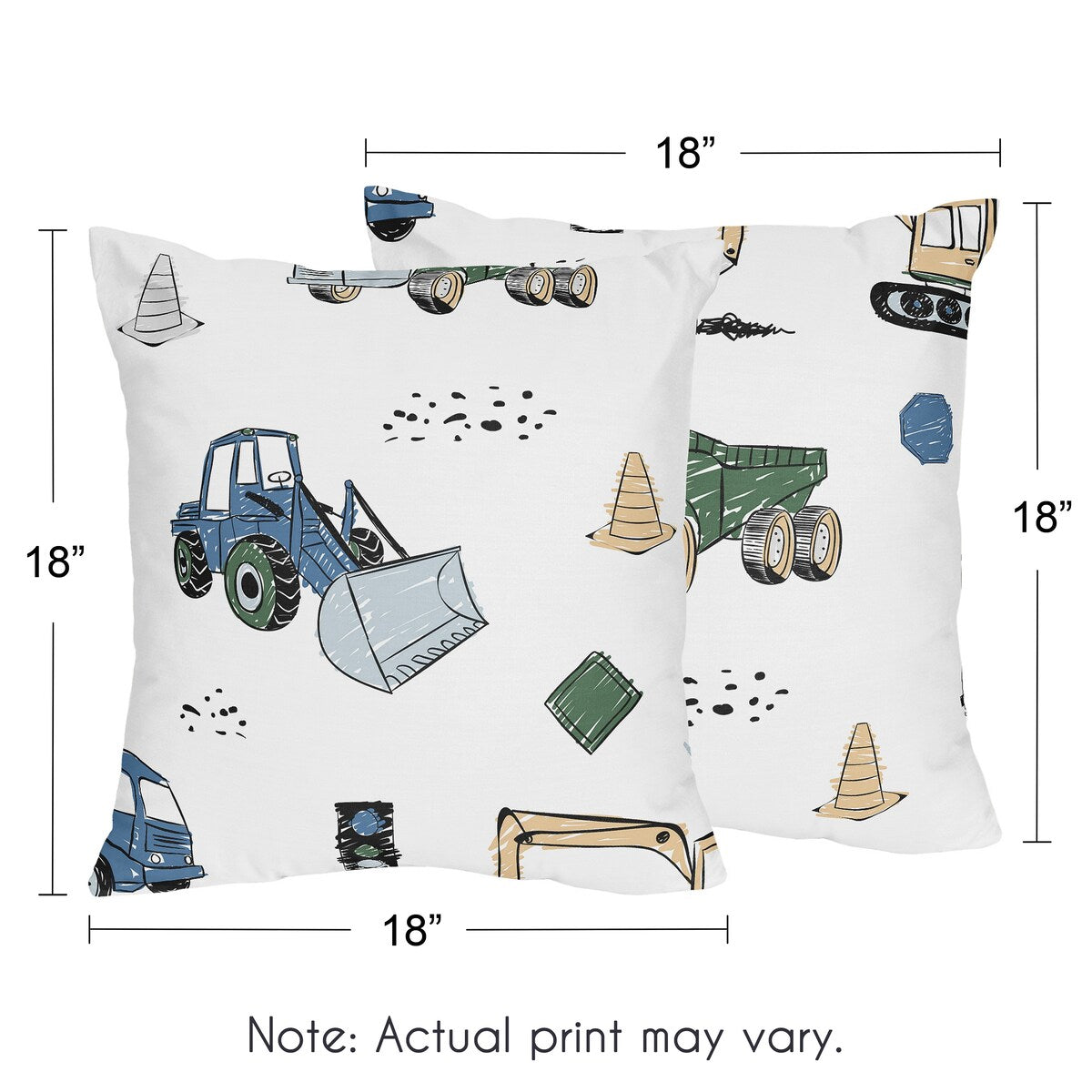 Construction Truck Collection 18in. Decorative Accent Throw Pillows (Set of 2) - Grey Yellow Black Blue and Green Transportation