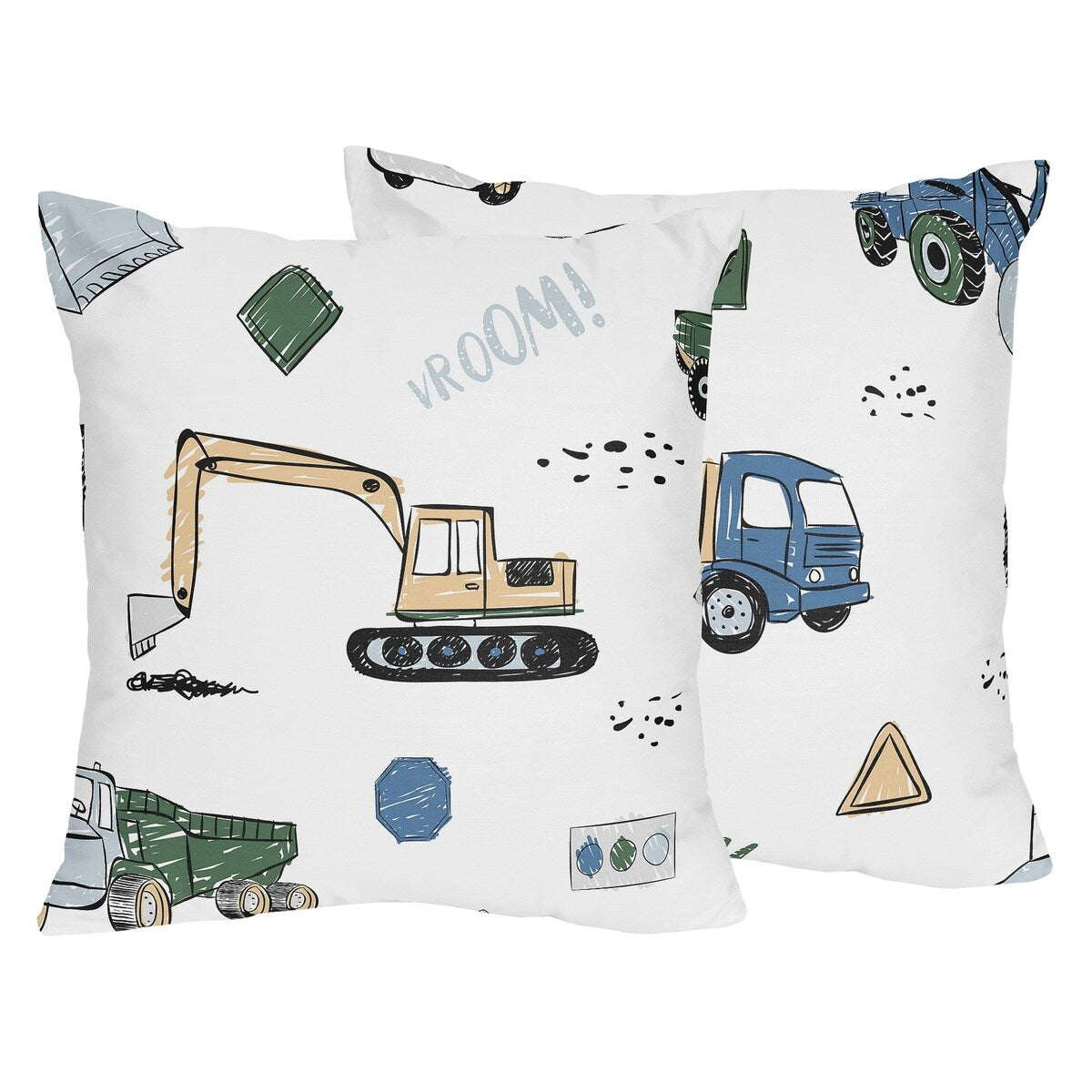 Construction Truck Collection 18in. Decorative Accent Throw Pillows (Set of 2) - Grey Yellow Black Blue and Green Transportation