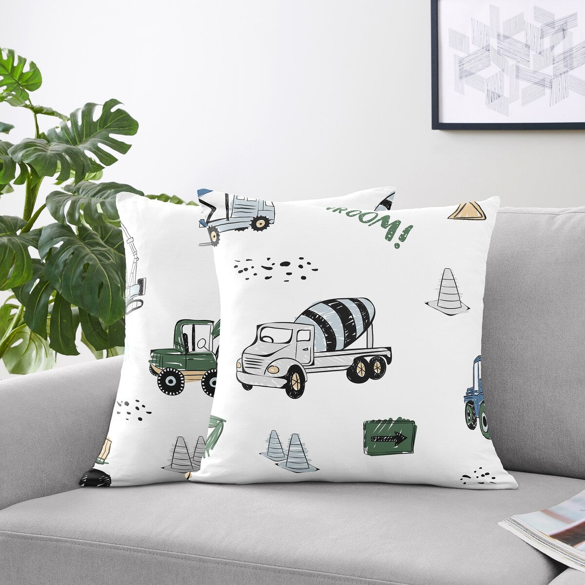 Construction Truck Collection 18in. Decorative Accent Throw Pillows (Set of 2) - Grey Yellow Black Blue and Green Transportation