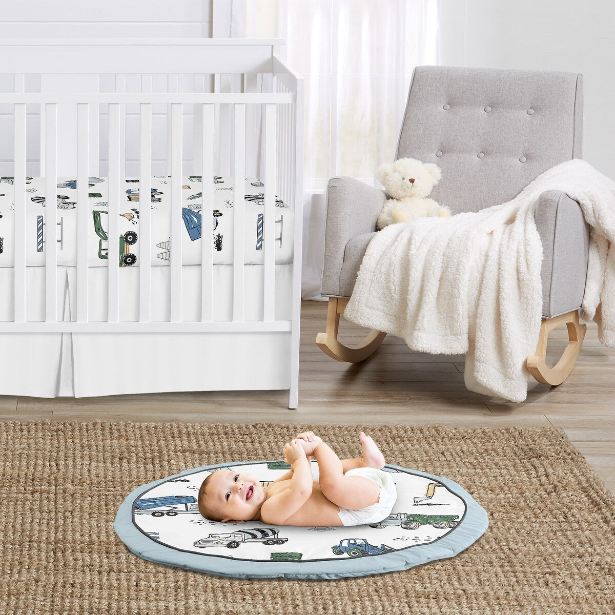 Construction Truck Collection Boy Baby Tummy Time Playmat - Grey Yellow Black Blue and Green Transportation