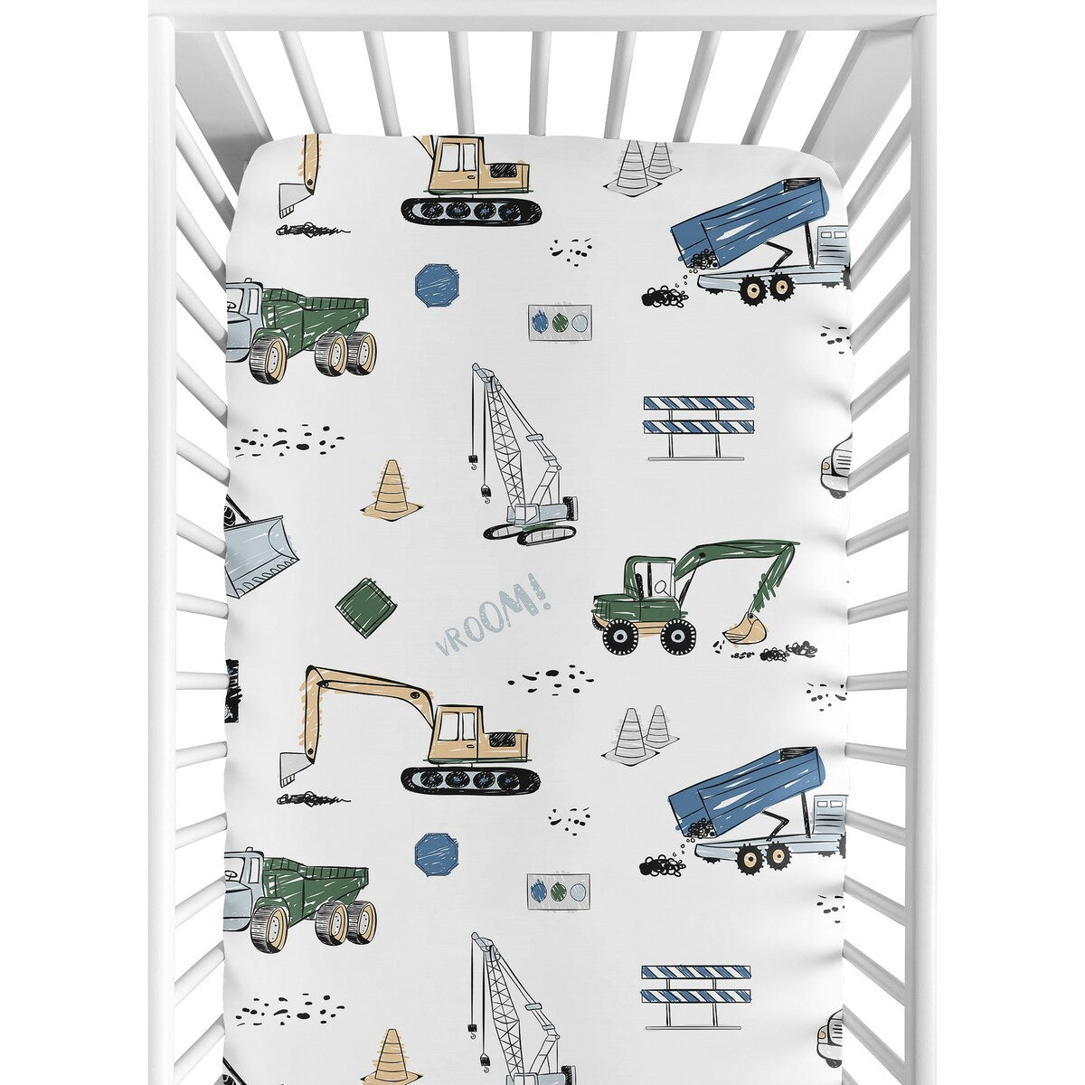 Construction Truck Collection Boy Fitted Crib Sheet - Grey Yellow Black Blue and Green Transportation