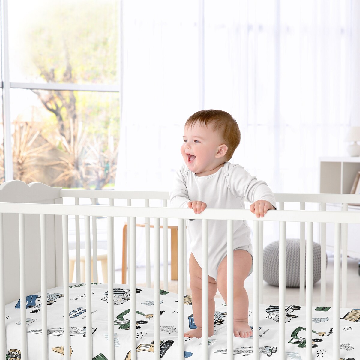 Construction Truck Collection Boy Fitted Crib Sheet - Grey Yellow Black Blue and Green Transportation