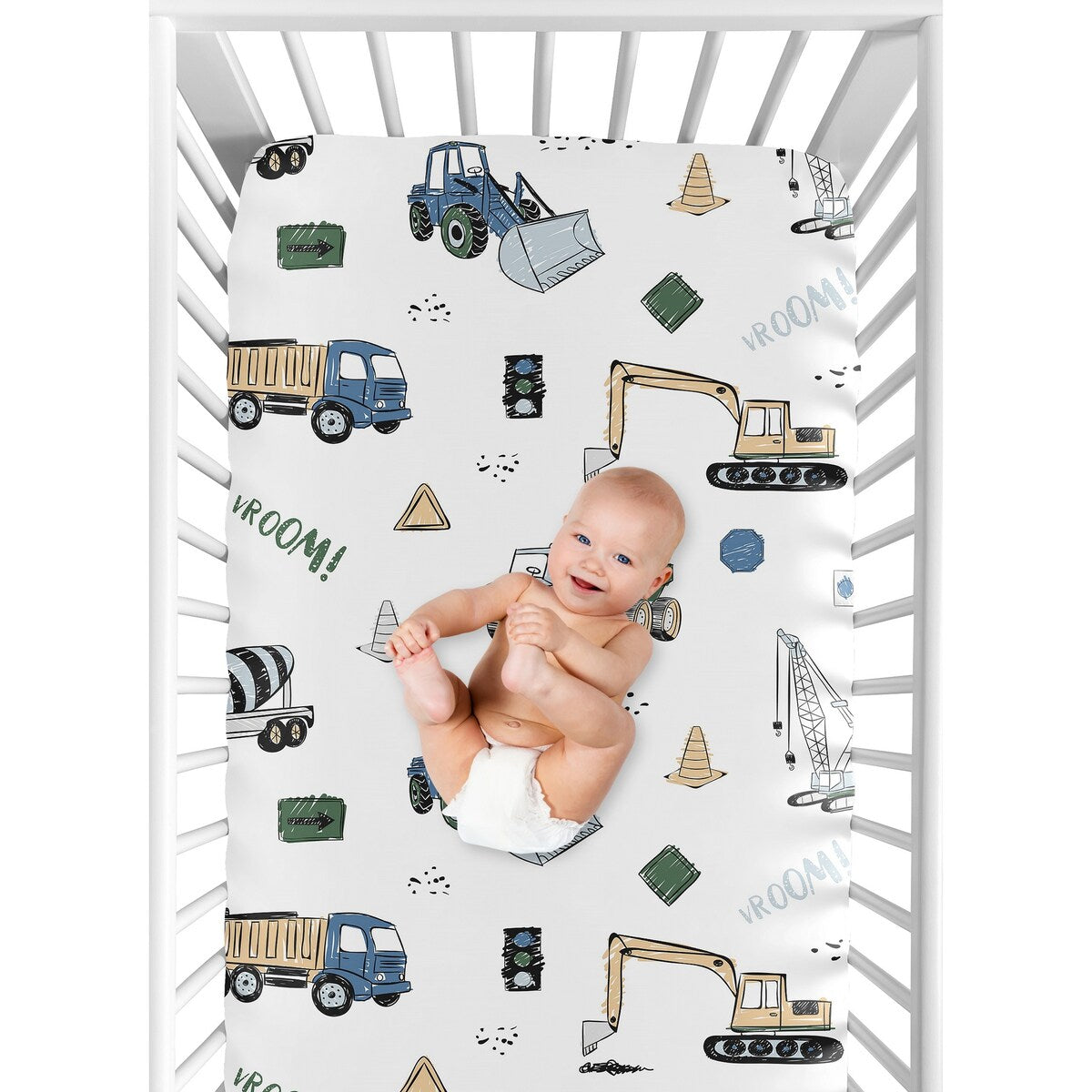 Construction Truck Collection Boy Fitted Crib Sheet - Grey Yellow Black Blue and Green Transportation