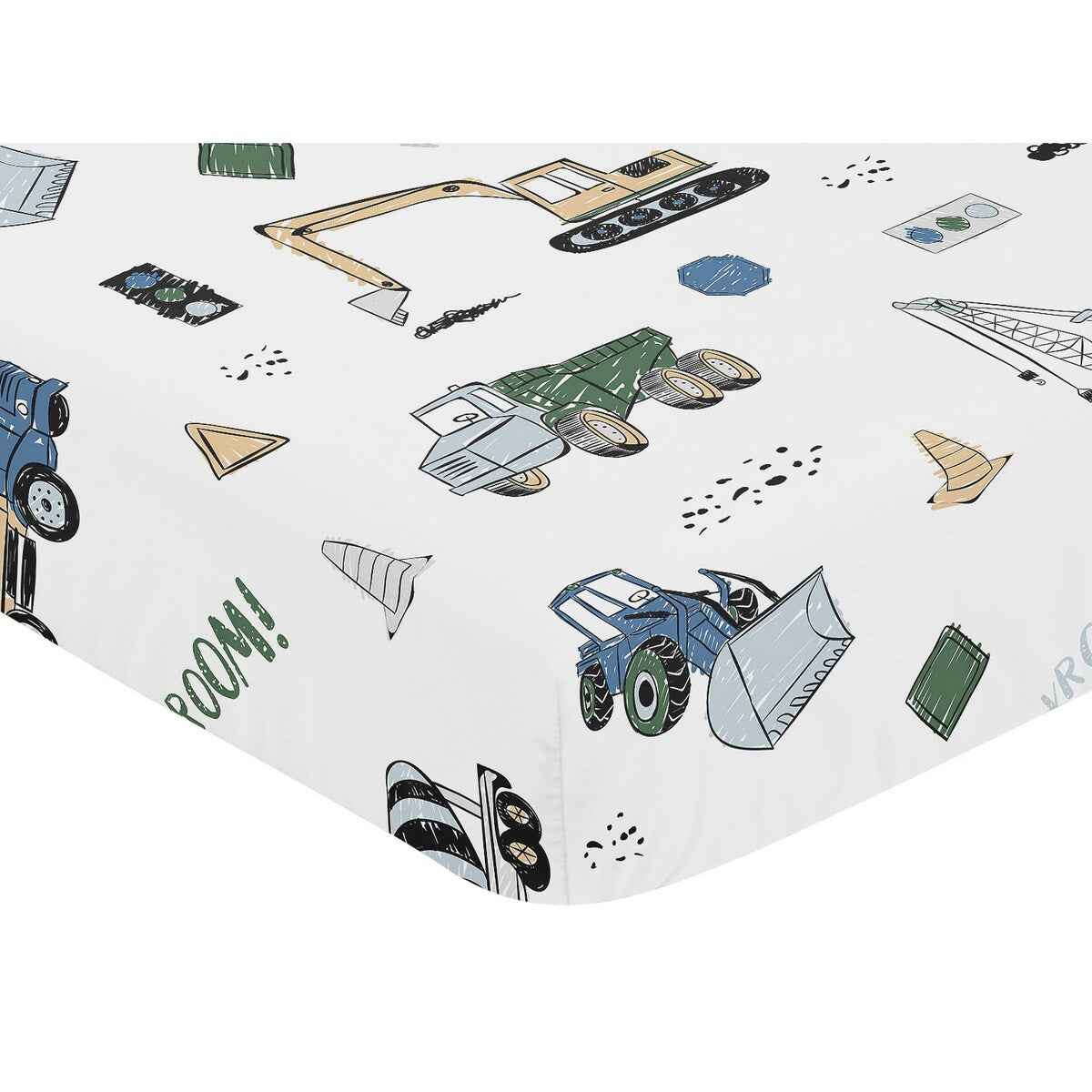 Construction Truck Collection Boy Fitted Crib Sheet - Grey Yellow Black Blue and Green Transportation