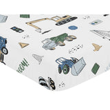 Construction Truck Collection Boy Fitted Crib Sheet - Grey Yellow Black Blue and Green Transportation