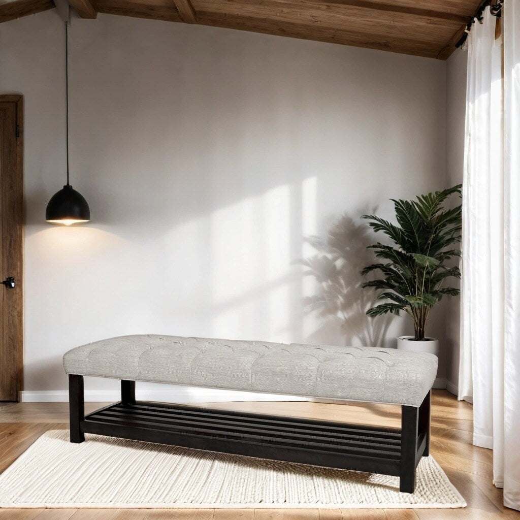 Contemporary Bench with Storage - 60.25"W x 19.50"D x 18.25"H, Beige Brown