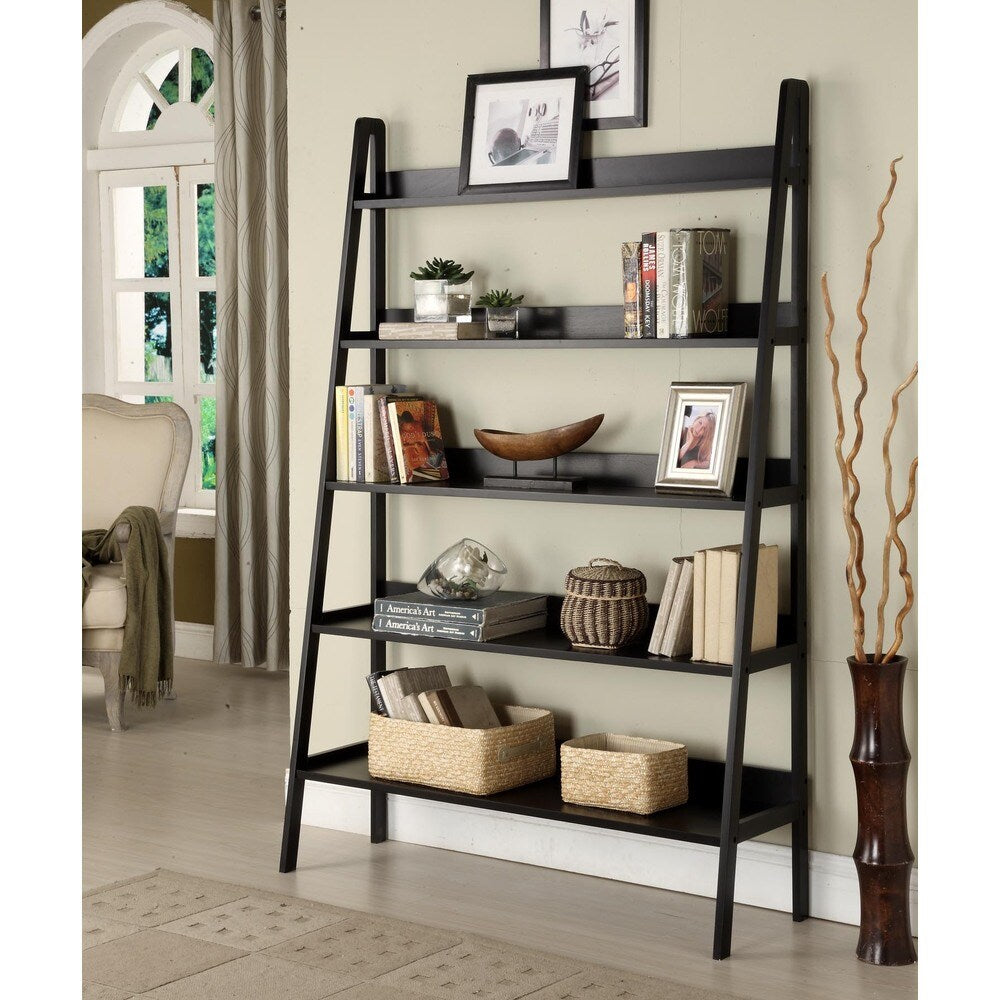 Contemporary Black Leaning Ladder 5 Tier Bookcase