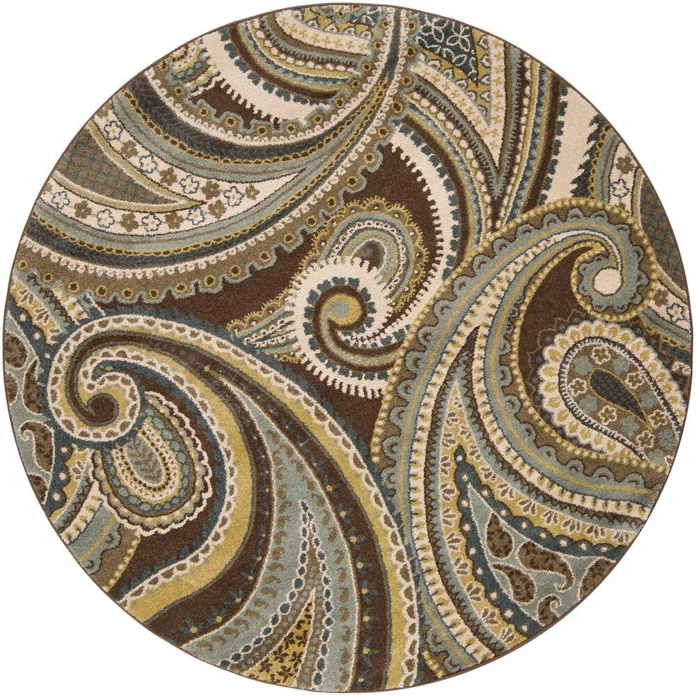Contemporary Brown/Green Paisley Floral Kinet Area Rug - 6'7" Round