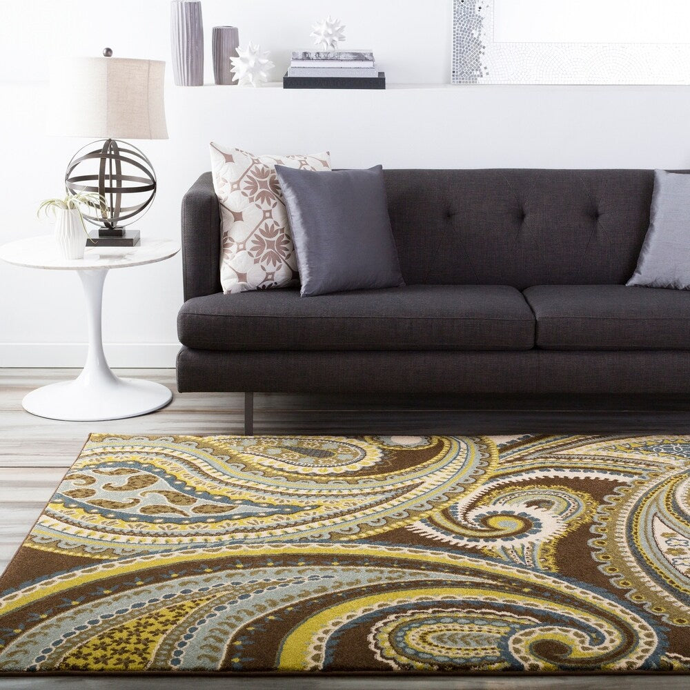 Contemporary Brown/Green Paisley Floral Kinet Area Rug - 6'7" Round