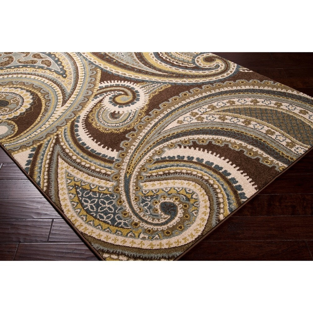 Contemporary Brown/Green Paisley Floral Kinet Area Rug - 6'7" Round