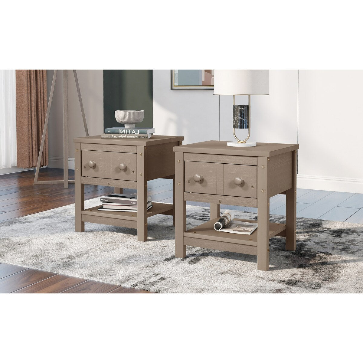 Contemporary Brushed Wooden Nightstand with Drawer and Shelf - Sleek Bedside Table Set for Clutter-Free Storage in Any Room