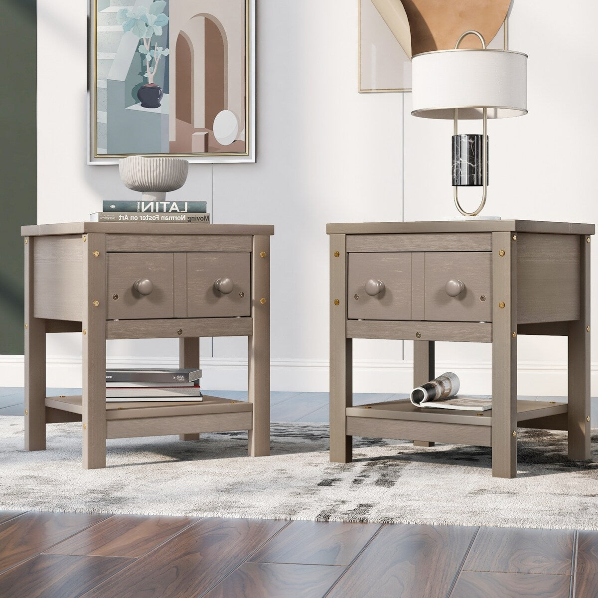Contemporary Brushed Wooden Nightstand with Drawer and Shelf - Sleek Bedside Table Set for Clutter-Free Storage in Any Room