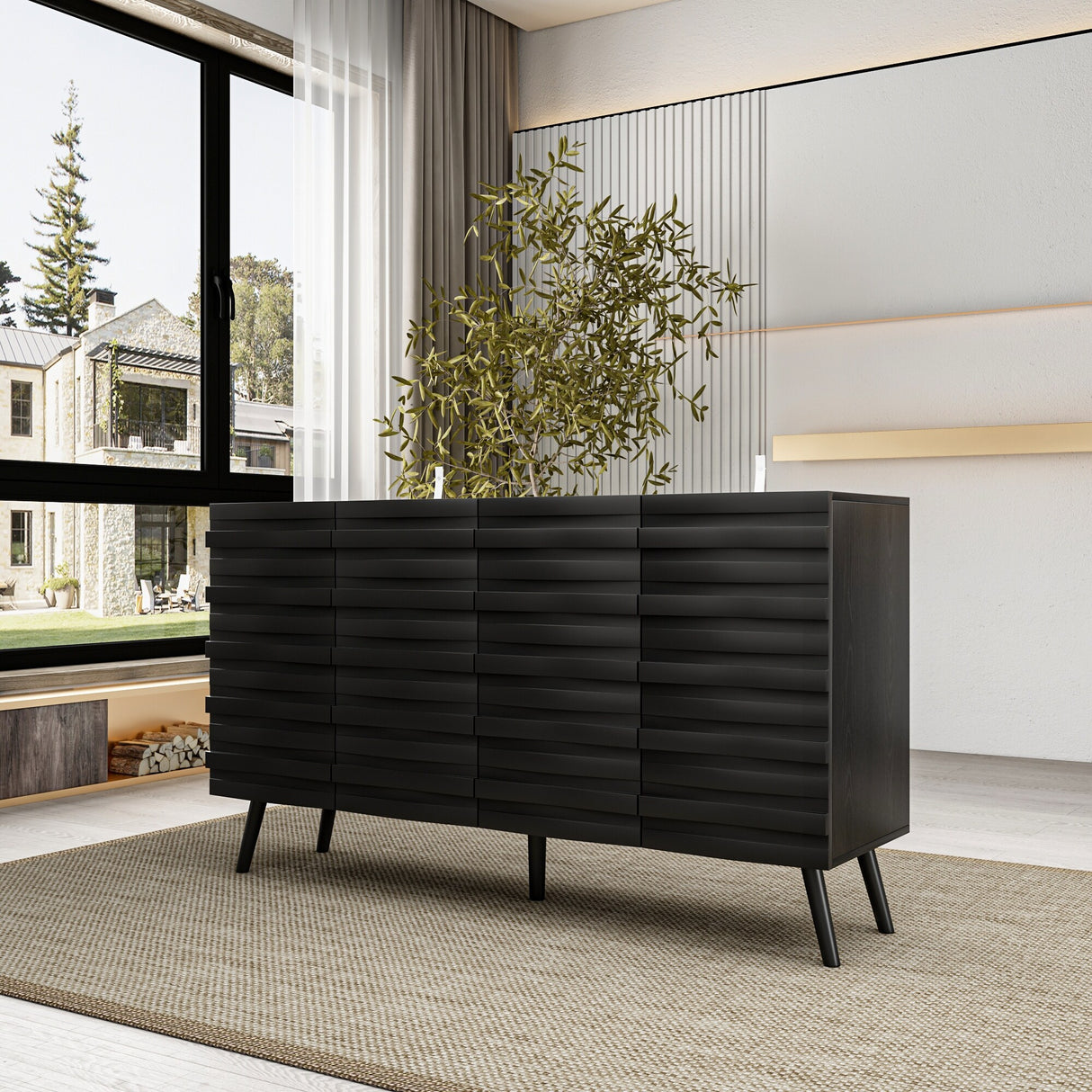 Contemporary Buffet Cabinet Side Table Bookshelves Lacquer Carved Door