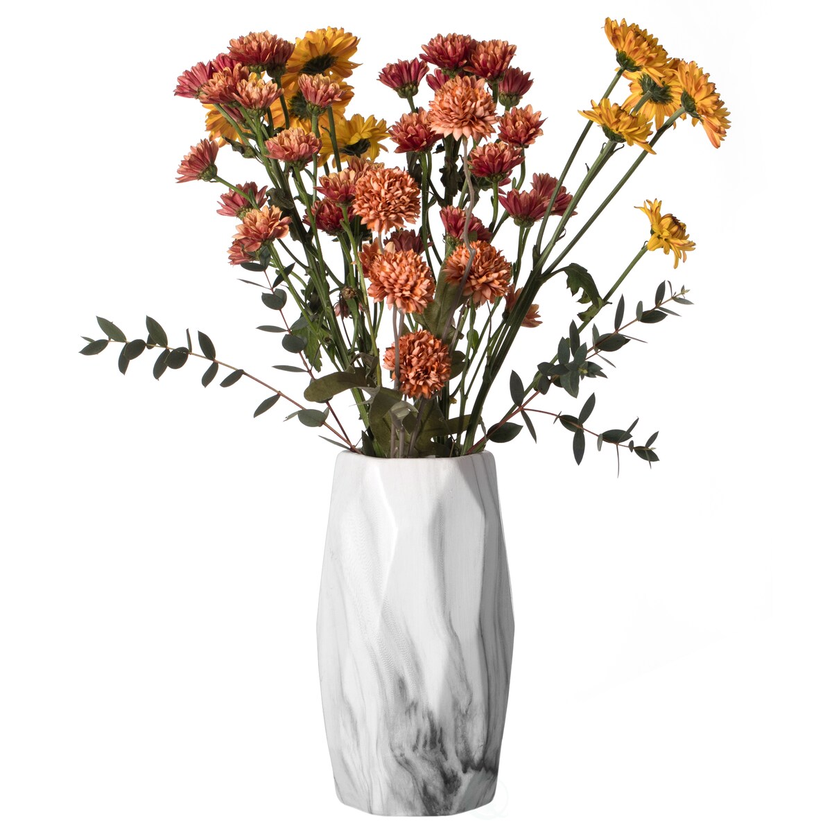 Contemporary ceramic table vase featuring a marble look design and geometric shape, ideal as a flower holder