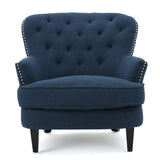 Contemporary Dark Blue Tufted Club Chair with Nailhead Trim, Elegant Upholstery, Comfortable Seating, Ideal for Living Room