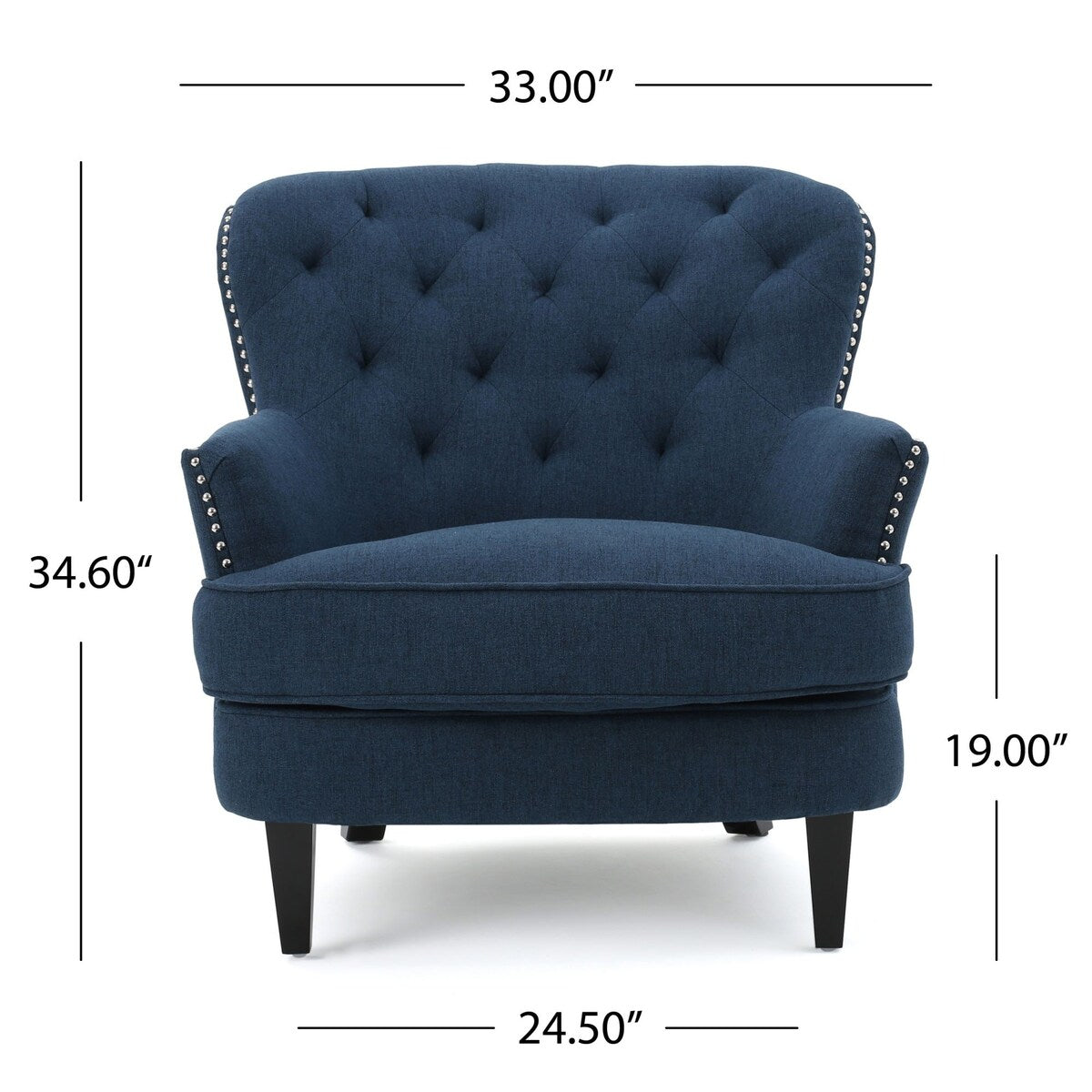 Contemporary Dark Blue Tufted Club Chair with Nailhead Trim, Elegant Upholstery, Comfortable Seating, Ideal for Living Room
