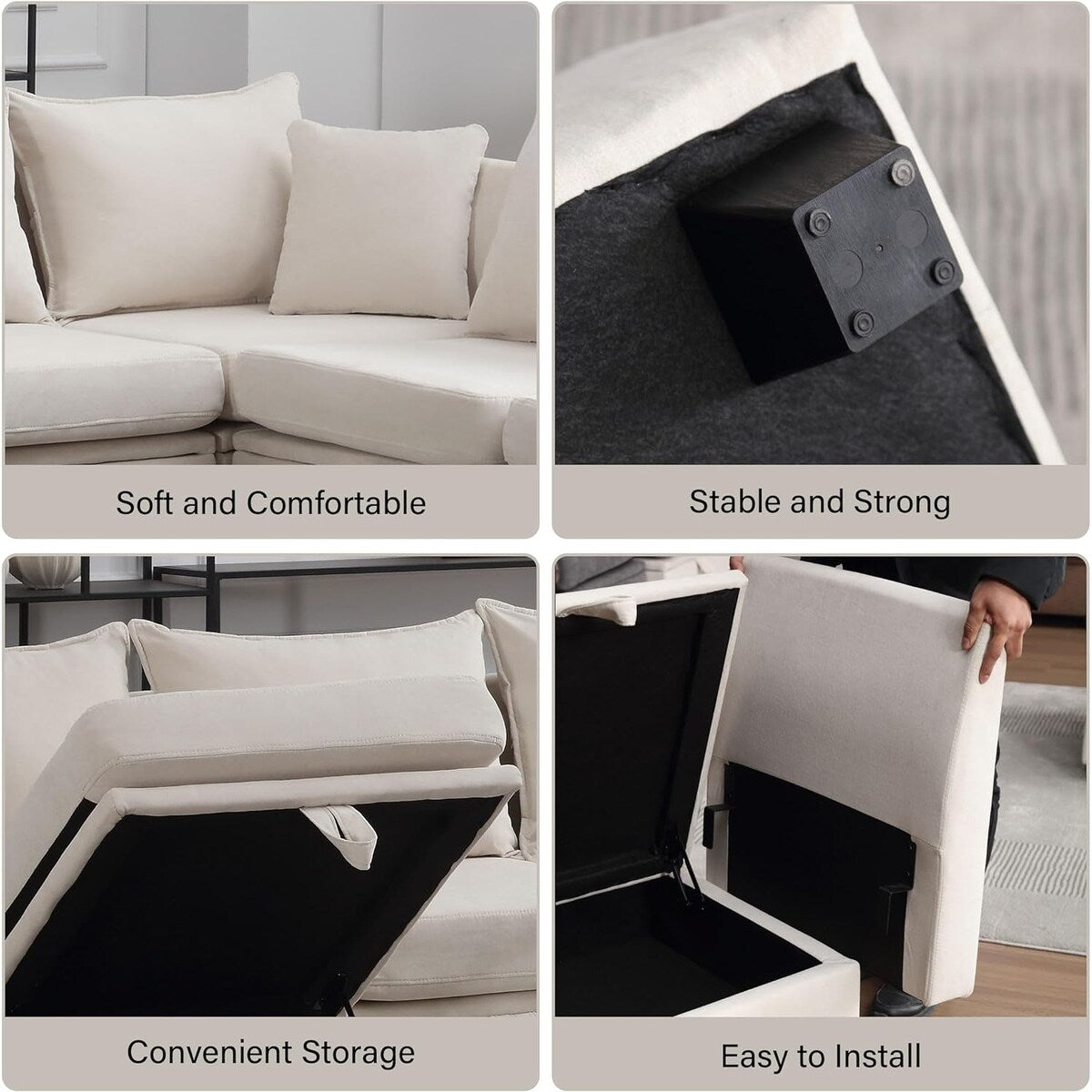 Contemporary Design 5-Seat Modular Sectional Convertible Sofa with Storage, Flexible Combination Fabric Couch, Beige