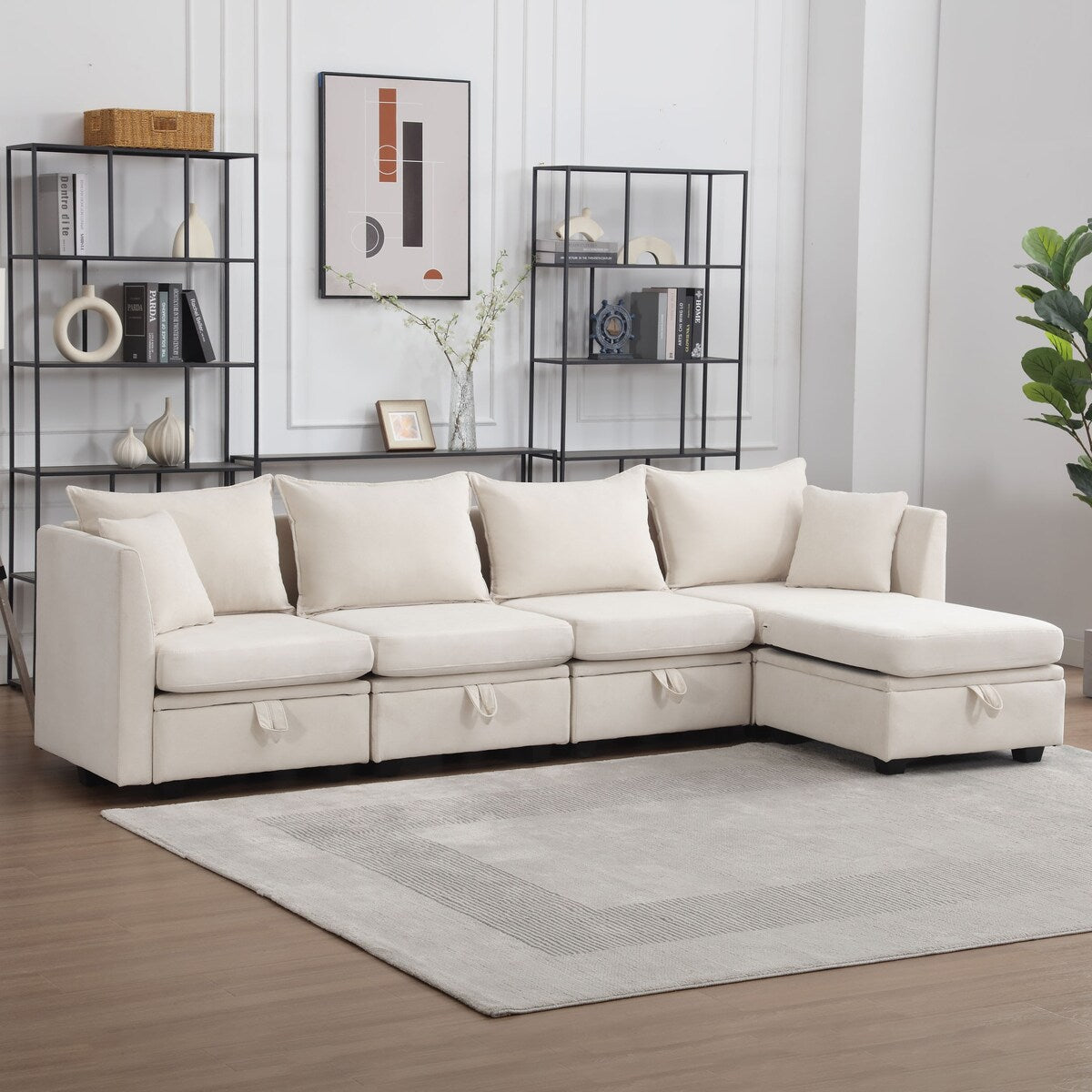 Contemporary Design 5-Seat Modular Sectional Convertible Sofa with Storage, Flexible Combination Fabric Couch, Beige