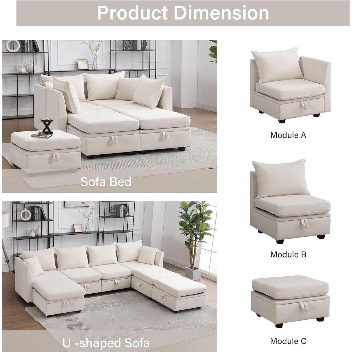 Contemporary Design 5-Seat Modular Sectional Convertible Sofa with Storage, Flexible Combination Fabric Couch, Beige