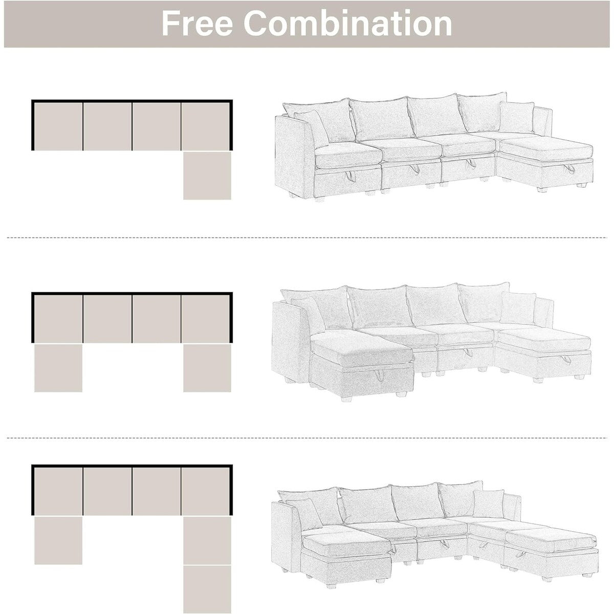 Contemporary Design 5-Seat Modular Sectional Convertible Sofa with Storage, Flexible Combination Fabric Couch, Beige