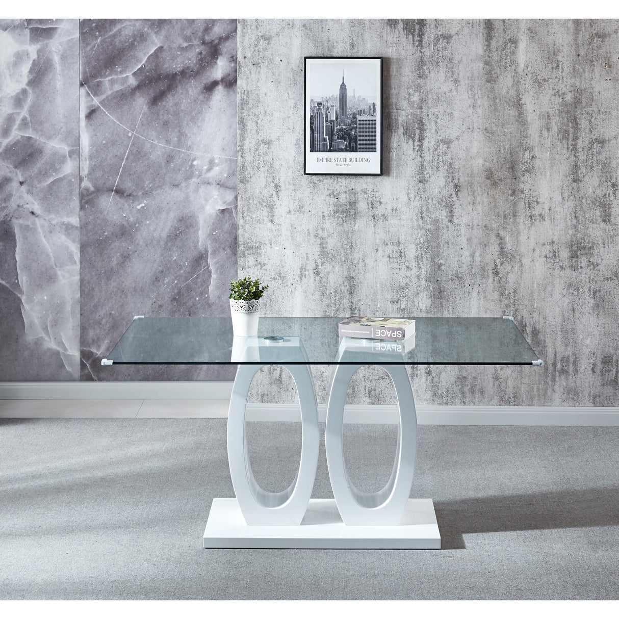 Contemporary Double Pedestal Dining Table, Tempered Glass Top with MDF Base