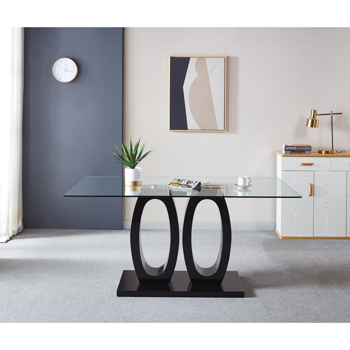 Contemporary Double Pedestal Dining Table, Tempered Glass Top with MDF Base