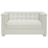 Contemporary Faux Leather & Metal Loveseat With Button Tufting, White