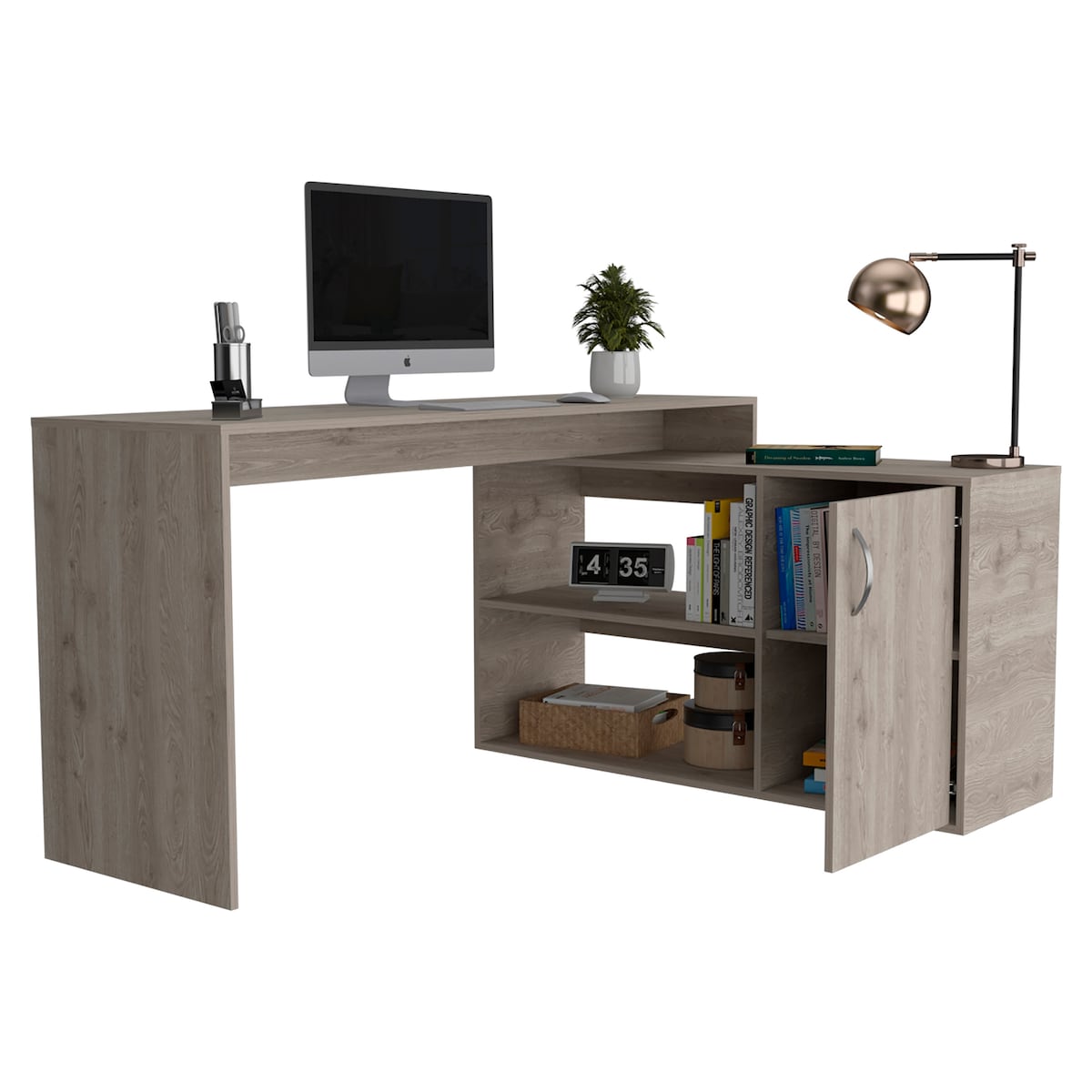 Contemporary L-Shaped Writing Desk with Ample Storage Light Grey Finish