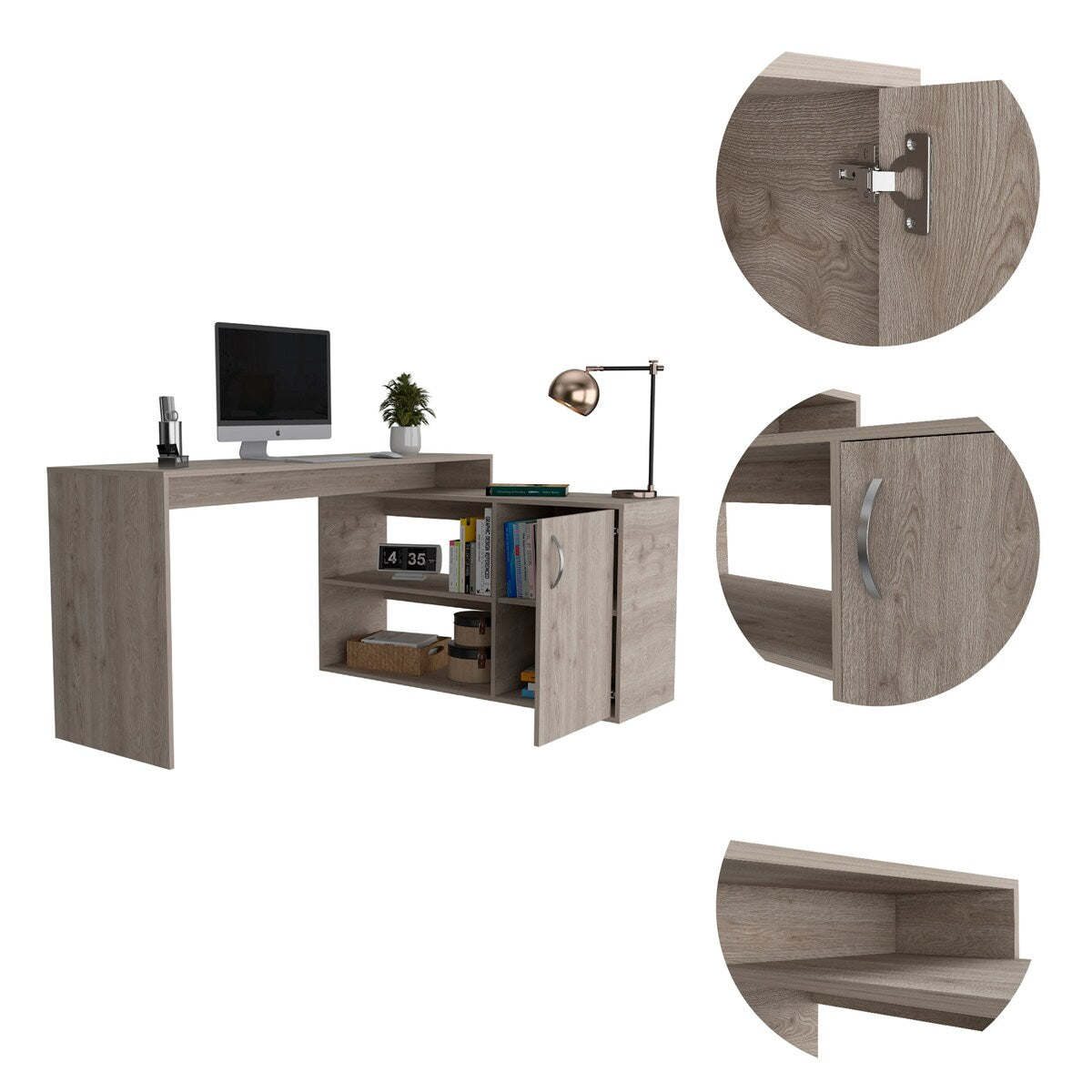 Contemporary L-Shaped Writing Desk with Ample Storage Light Grey Finish