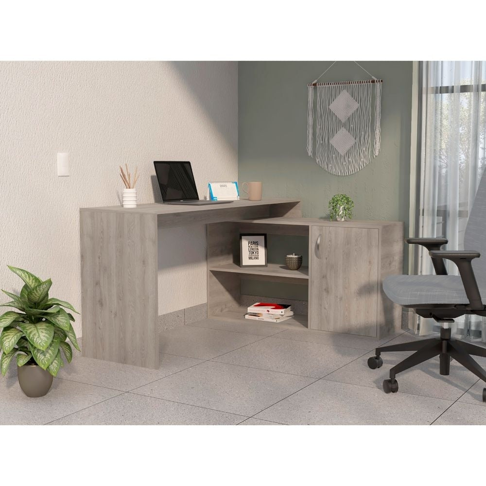 Contemporary L-Shaped Writing Desk with Ample Storage Light Grey Finish