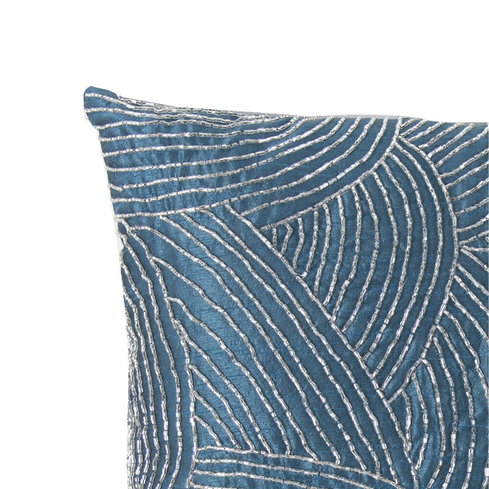 Contemporary Poly Silk Pillow with Geometric Design, Blue and Silver