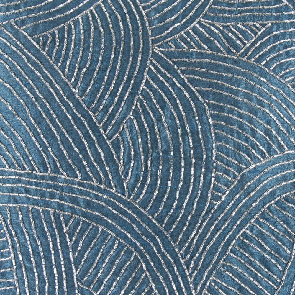 Contemporary Poly Silk Pillow with Geometric Design, Blue and Silver