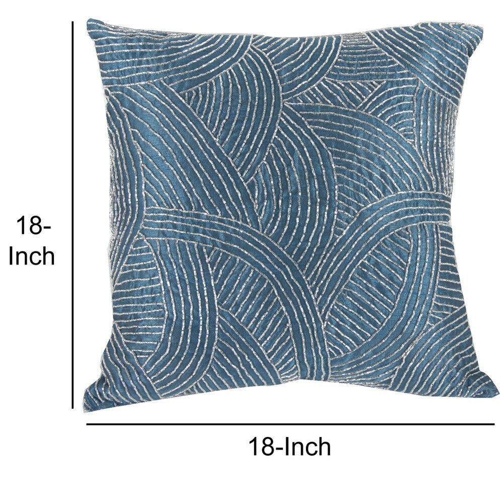Contemporary Poly Silk Pillow with Geometric Design, Blue and Silver