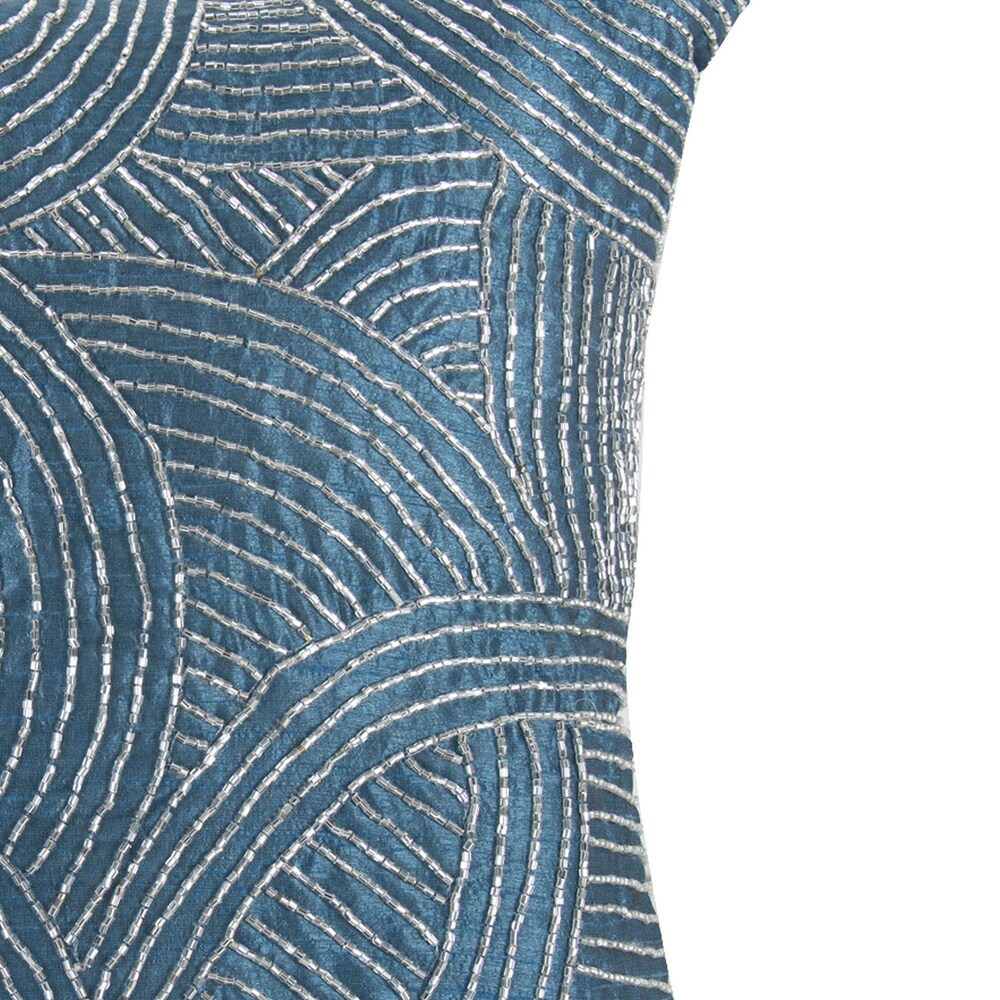 Contemporary Poly Silk Pillow with Geometric Design, Blue and Silver