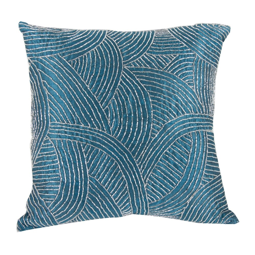 Contemporary Poly Silk Pillow with Geometric Design, Blue and Silver