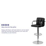 Contemporary Quilted Vinyl Adjustable Height Barstool with Arms and Chrome Base