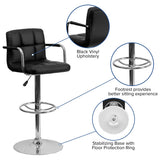 Contemporary Quilted Vinyl Adjustable Height Barstool with Arms and Chrome Base
