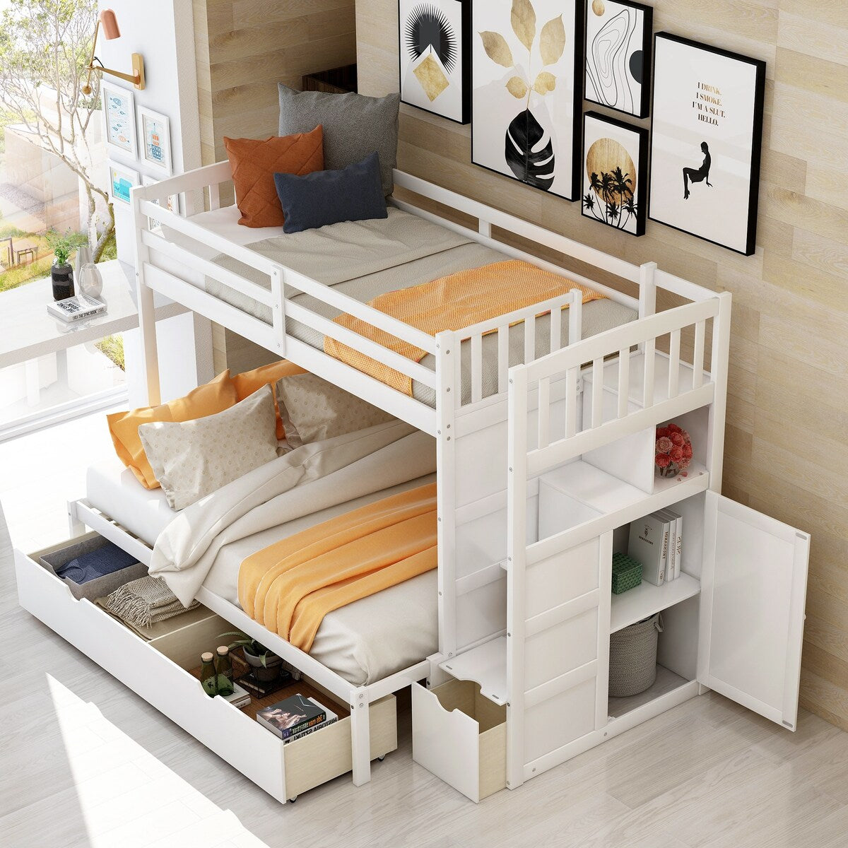 Contemporary Space Saver Twin Over Full Twin Bunk Bed Convertible Bottom Bed Storage Shelves and Drawers White