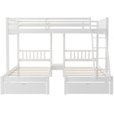 Contemporary Style Full Over Twin & Twin Bunk Bed, Wood Triple Bunk Bed with Drawers and Guardrails